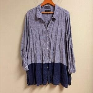 Tahari Long Linen Button Top Size 2X Lagenlook Blue Colorblock Minimalist *flaw